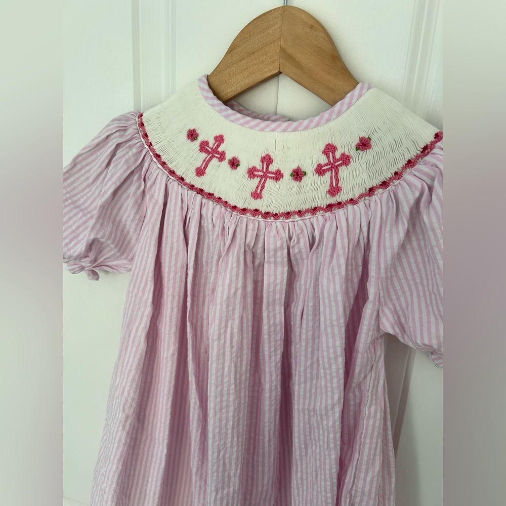 Smock Monkey Pink‎ Striped Smocked Embroidered Dress With Cross Religious Size 5